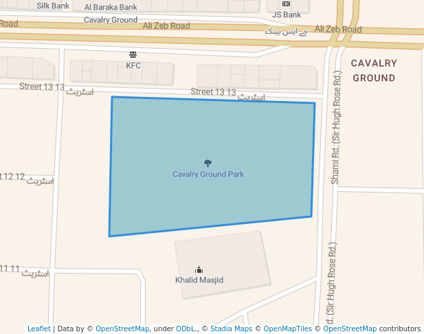 walking in Cavalry Ground Park map in Lahore