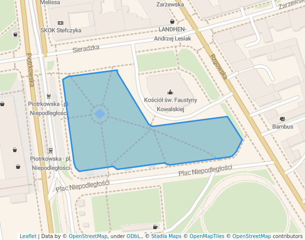 walking in Skwer Świętej Siostry Faustyny Kowalskiej map in Łódź