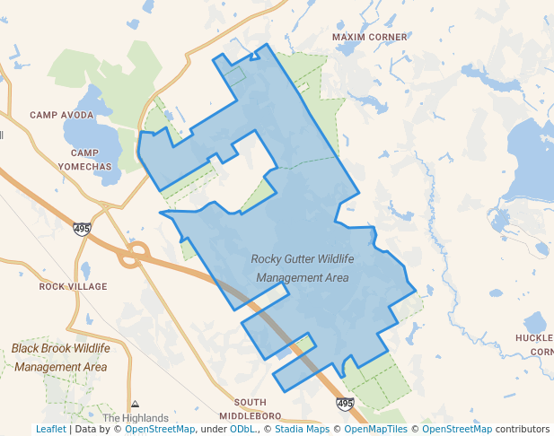 walking in Rocky Gutter Wildlife Management Area map in Middleborough