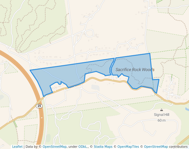 walking in Sacrifice Rock Woods map in Bourne