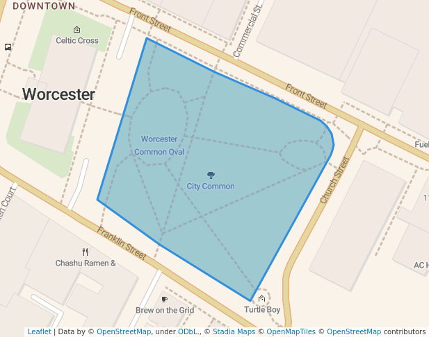 walking in City Common map in Worcester