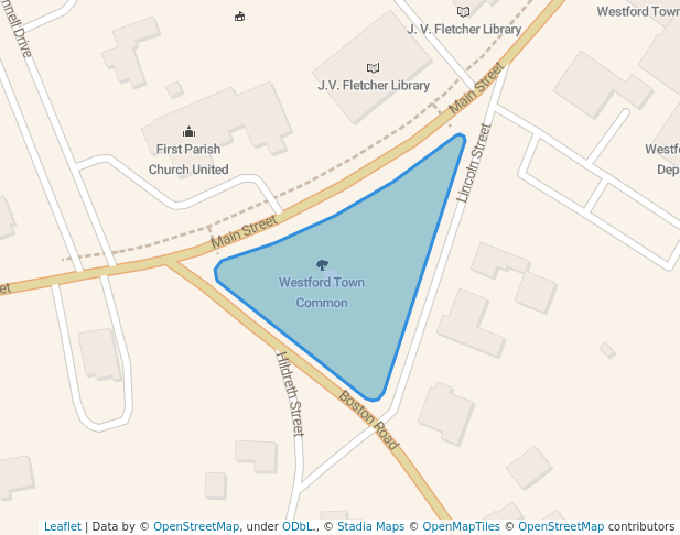 walking in Westford Town Common map in Westford