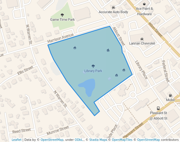 walking in Library Park map in Woburn