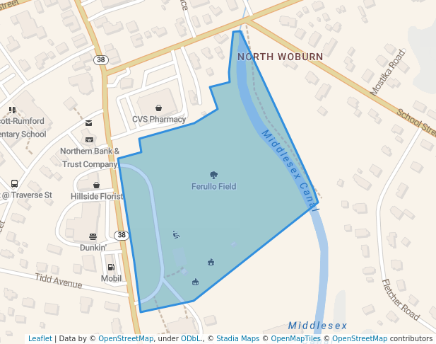walking in Ferullo Field map in Woburn