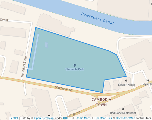 walking in Clemente Park map in Lowell