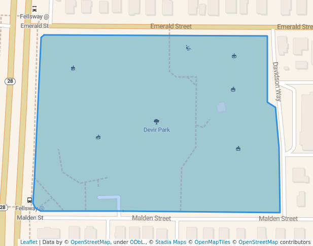 walking in Devir Park map in Malden