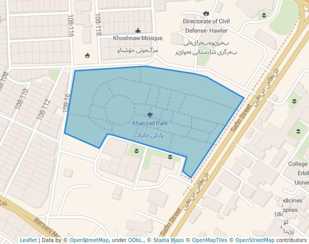 walking in Khanzad Park map in Erbil