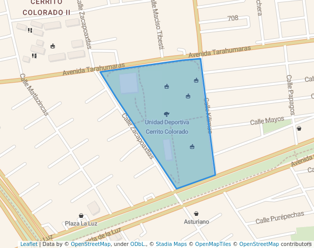 walking in Unidad Deportiva Cerrito Colorado map in Santiago de Querétaro