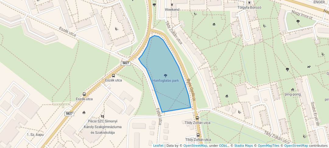 walking in Honfoglalás park map in Pécs