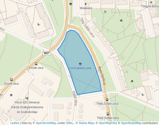 walking in Honfoglalás park map in Pécs