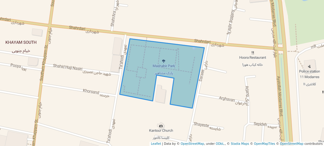 walking in Mashahir Park map in Qazvin