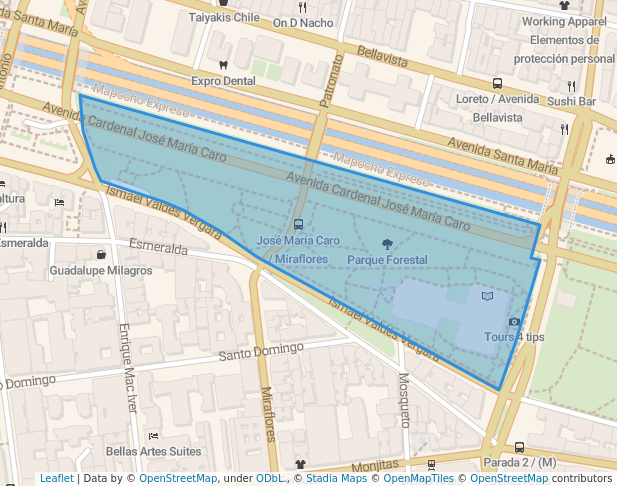 walking in Parque Forestal map in Santiago
