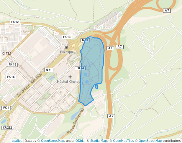 walking in Arboretum Kirchberg - Parc Klosegrënnchen map in Luxembourg