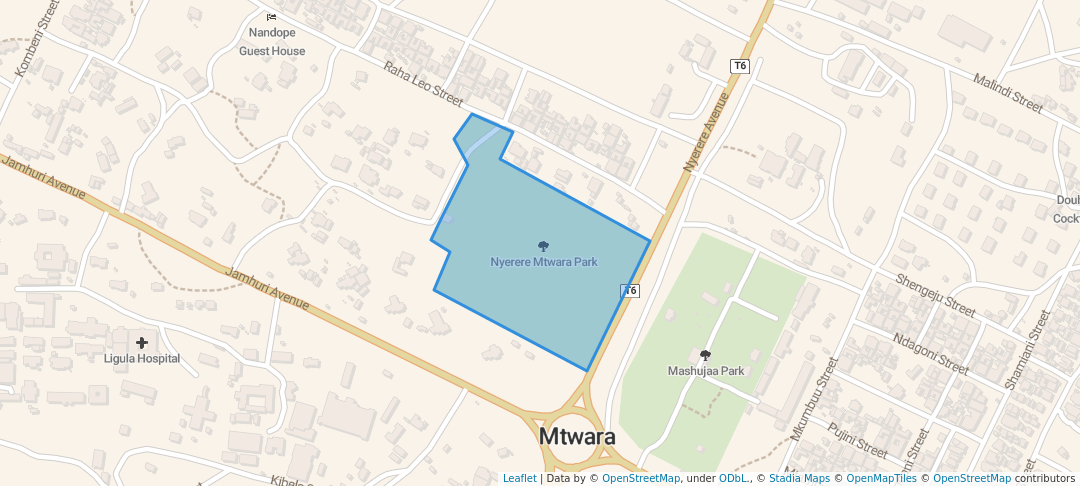 walking in Nyerere Mtwara Park map in Mtwara