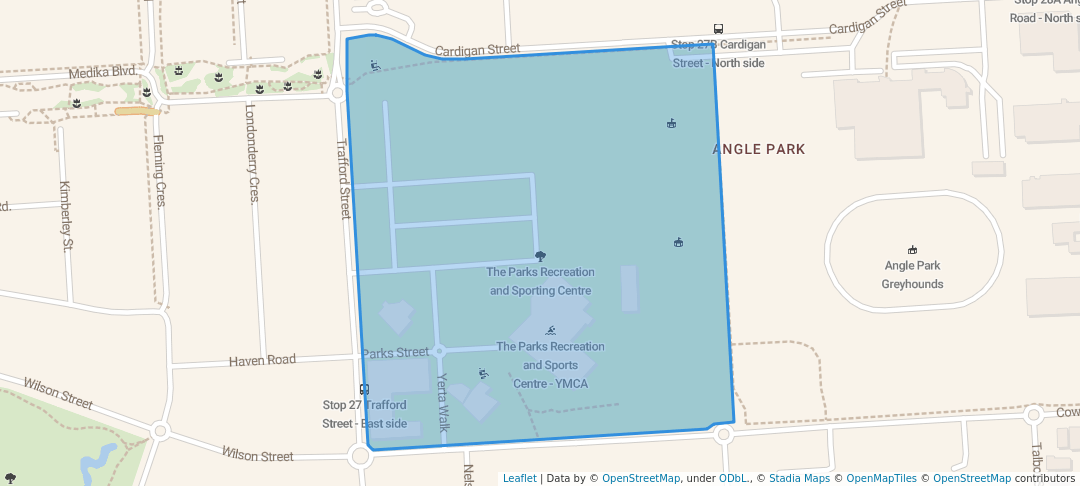walking in The Parks Recreation and Sporting Centre map in Angle Park