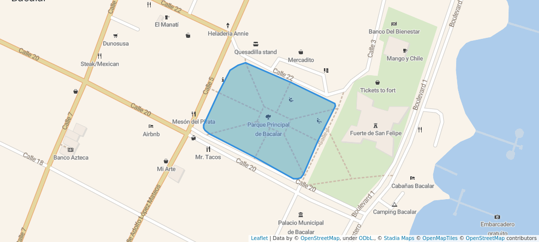 walking in Parque Principal de Bacalar map in Bacalar