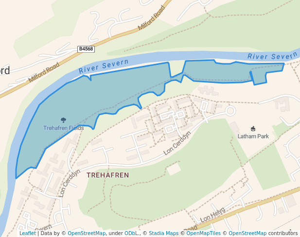 walking in Trehafren Fields map in Newtown