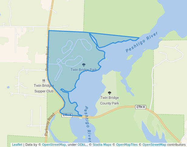 walking in Twin Bridge County Park map in Crivitz