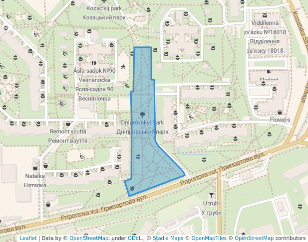 walking in Dniprovskyi park map in Cherkasy