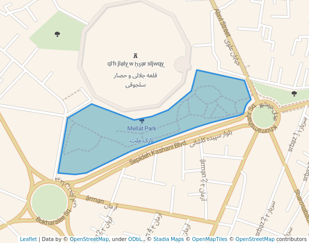 walking in Mellat Park map in Kashan