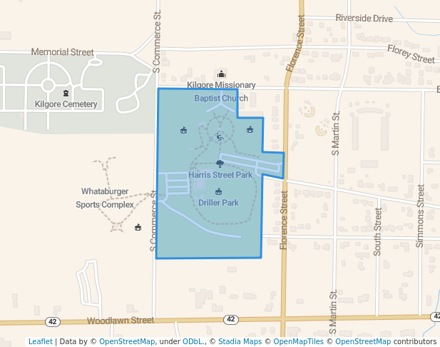 walking in Harris Street Park map in Kilgore