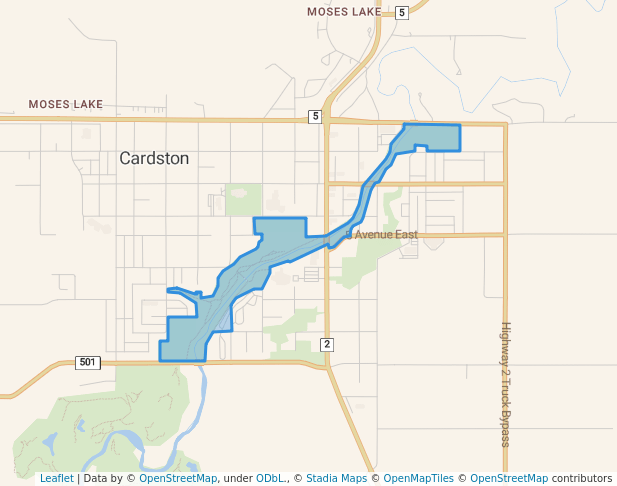 walking in Lee Creek Park map in Cardston