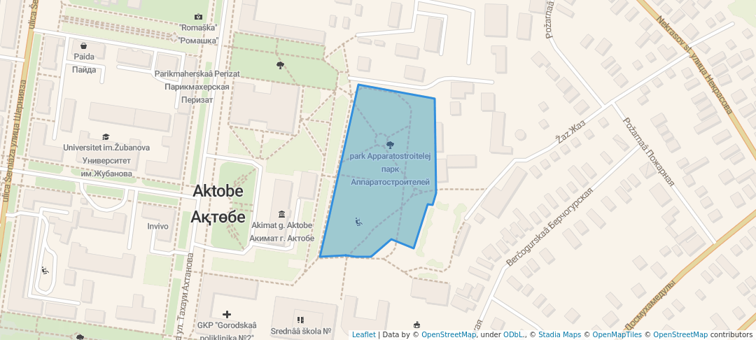 walking in парк Аппаратостроителей map in Aktobe