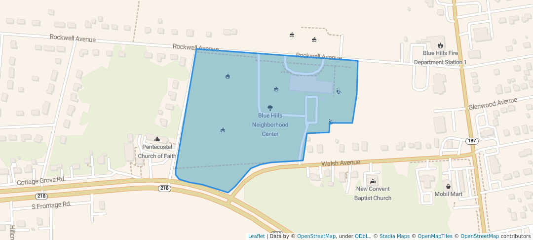 walking in Blue Hills Neighborhood Center map in Bloomfield