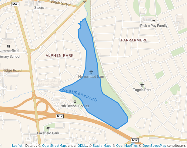 walking in Homestead Dam map in Benoni