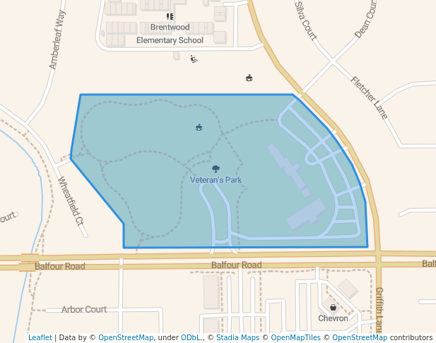 walking in Veteran's Park map in Brentwood