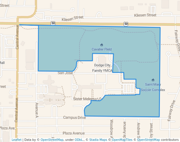 walking in Saint Mary of the Plains Park map in Dodge City