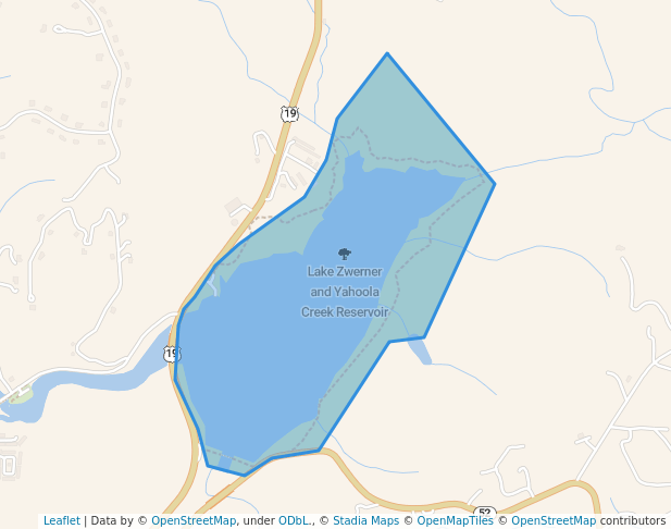 walking in Lake Zwerner and Yahoola Creek Reservoir map in Dahlonega