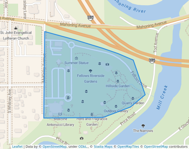 walking in Fellows Riverside Gardens map in Youngstown