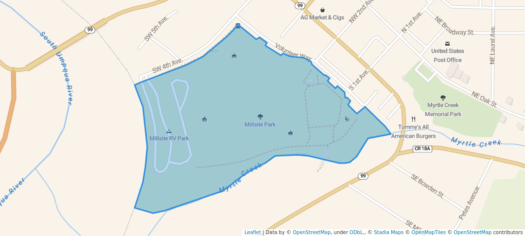 walking in Millsite Park map in Myrtle Creek
