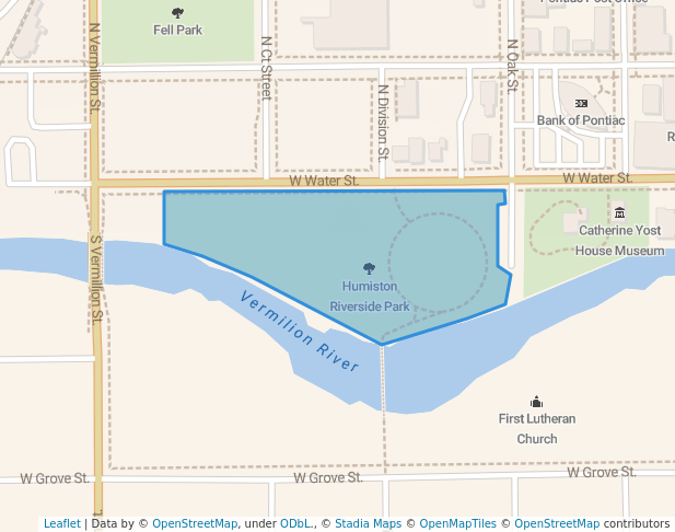 walking in Humiston Riverside Park map in Pontiac