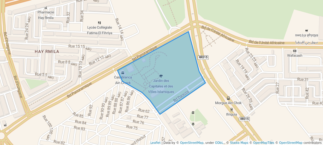 walking in Jardin des Capitales et des Villes Islamiques map in Casablanca