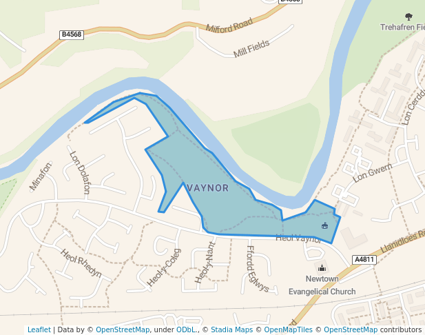 walking in Vaynor Field map in Newtown