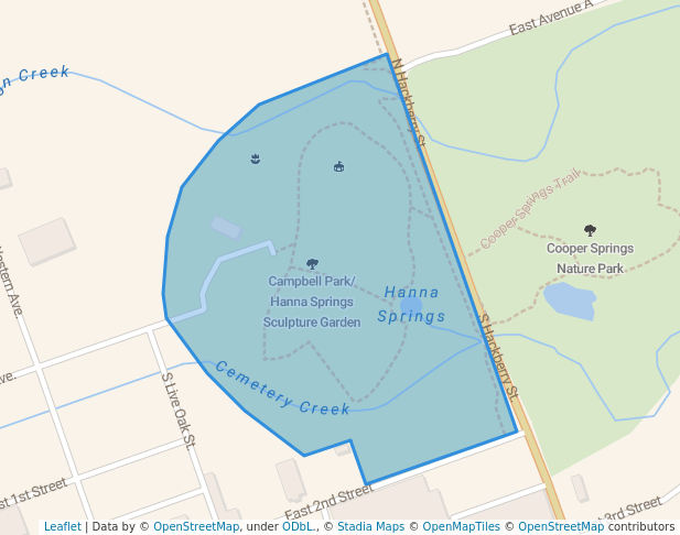 walking in Hanna Springs Sculpture Garden map in Lampasas