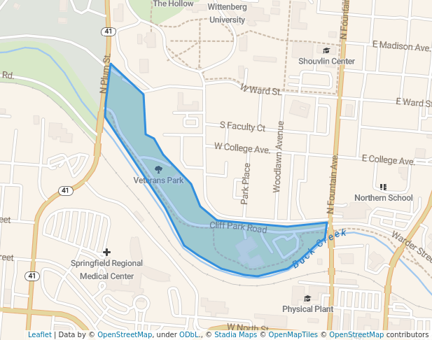 walking in Veterans Park map in Springfield