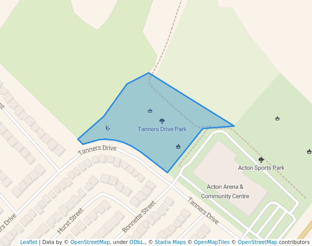 walking in Tanners Drive Park map in Acton