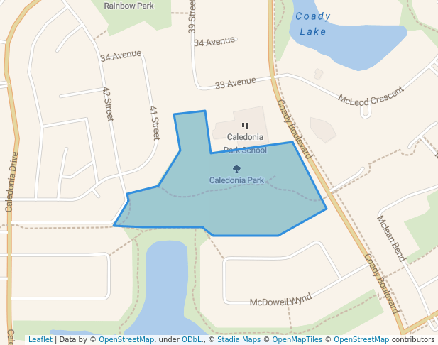 walking in Caledonia Park map in Leduc