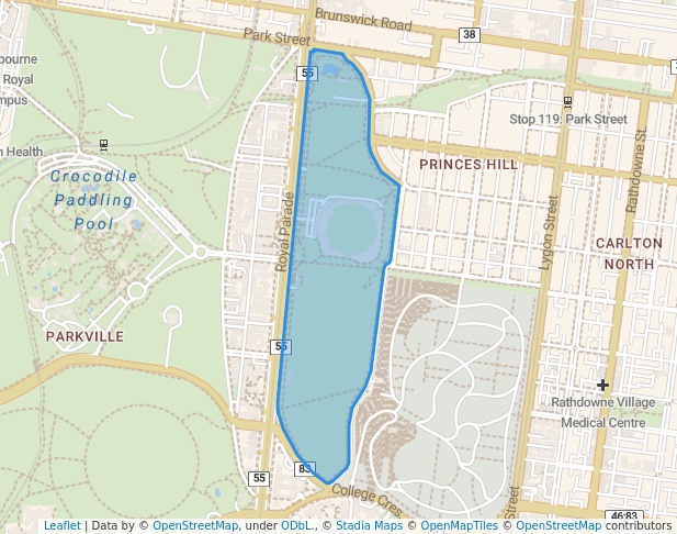 walking in Princes Park map in Carlton North