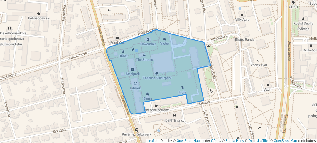 walking in Kasárne Kulturpark map in Košice