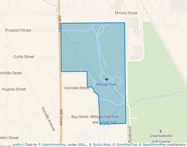 walking in Milligan Park map in Crawfordsville