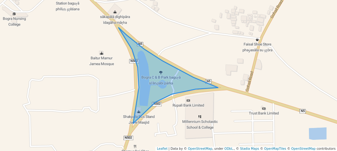 walking in Bogra C & B Park বগুড়া সিএন্ডবি পার্ক map in Bogra