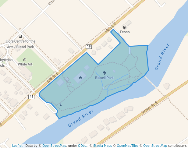 walking in Bissell Park map in Elora