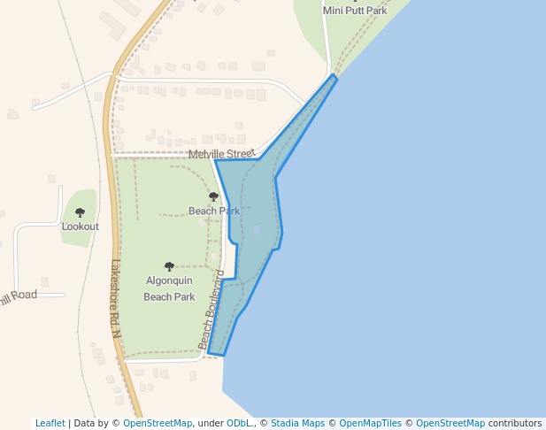 walking in New Liskeard Beach Park map in Temiskaming Shores