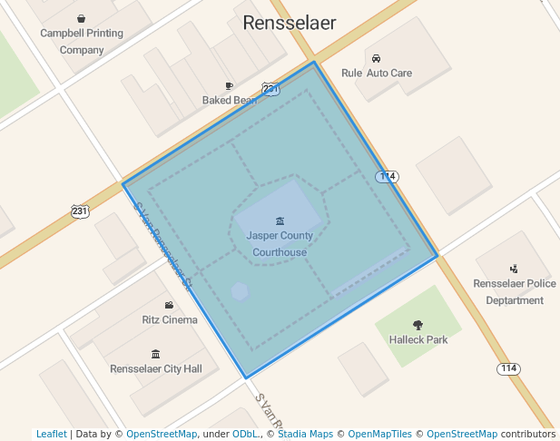 walking in Jasper County Courthouse Lawn map in Rensselaer