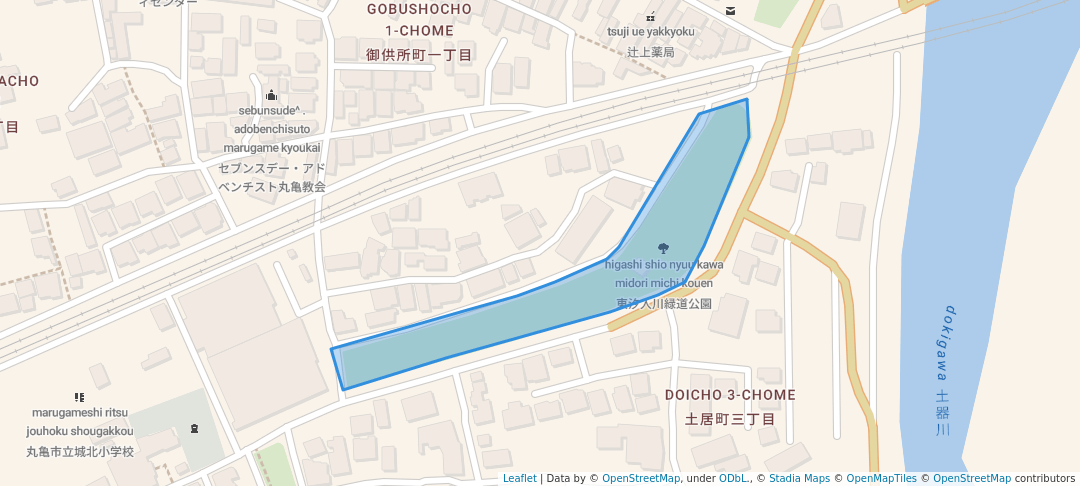 walking in 東汐入川緑道公園 map in Marugame