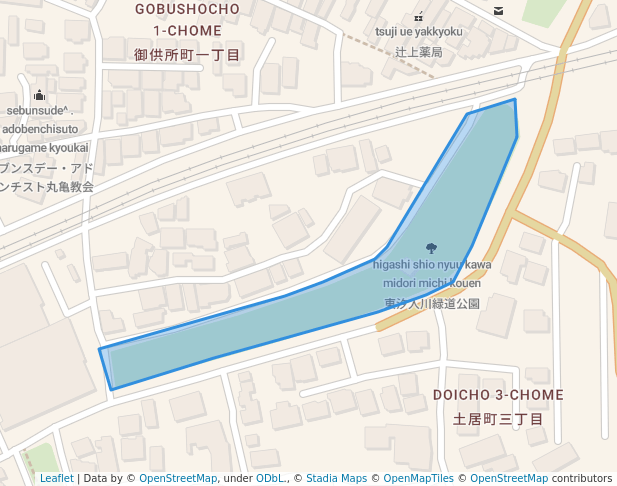 walking in 東汐入川緑道公園 map in Marugame
